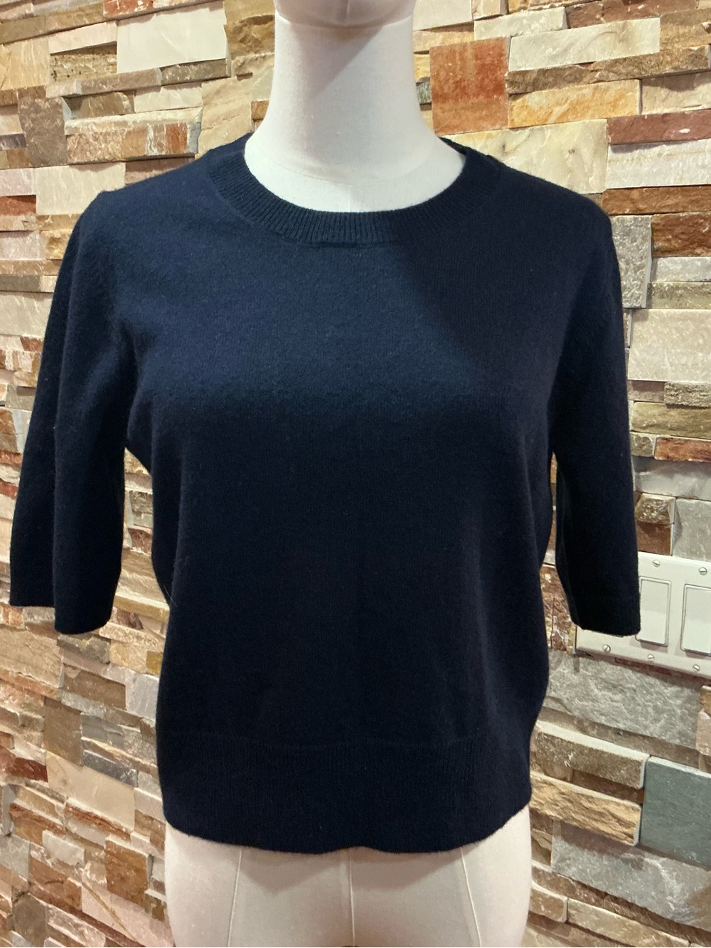 Veronica Beard Navy Blue Cashmere Short Sleeve Crewneck Sweater